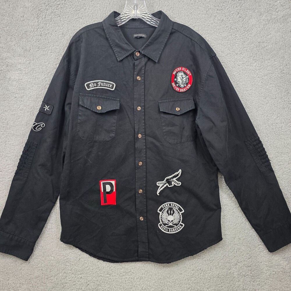 Punk Royal Men's Black Military Utility Shirt Embroidered Patch Biker Sz 2XL
